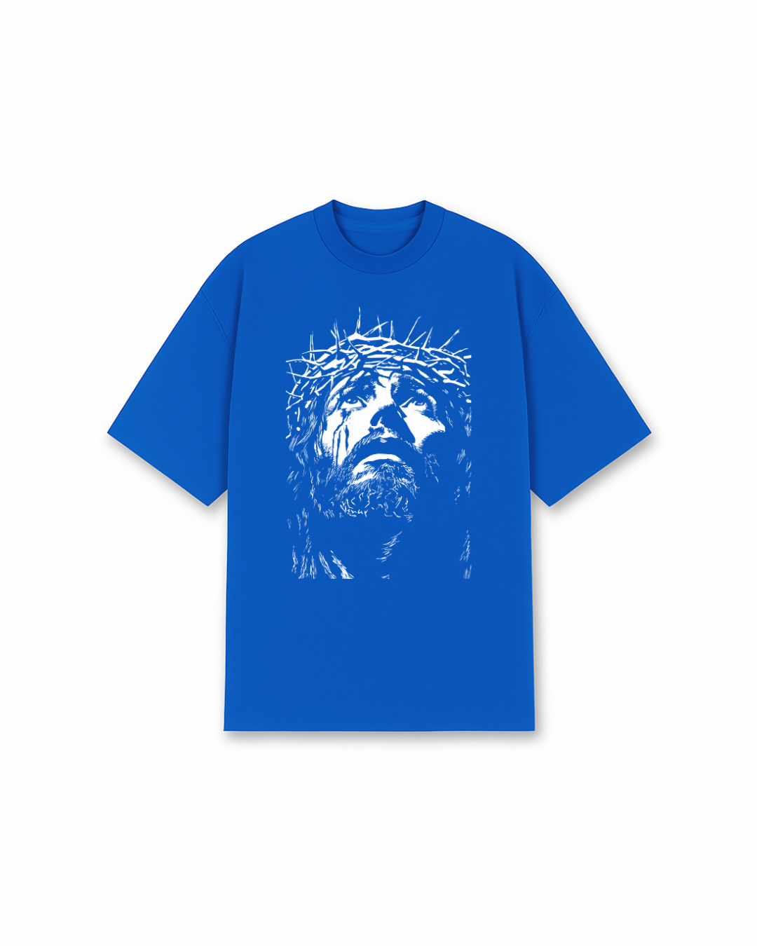 Crown of Thorns Jesus Christian T-Shirt - Blue Christian t-shirt featuring detailed Jesus portrait, white artistic print - Faith-based apparel for believers