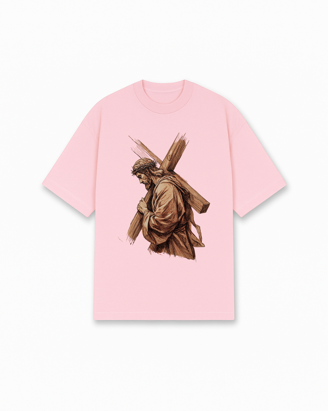Jesus Carrying Cross Christian T-Shirt - Pink Christian t-shirt featuring sacrifice theme, brown artistic rendering - Faith-based apparel for believers