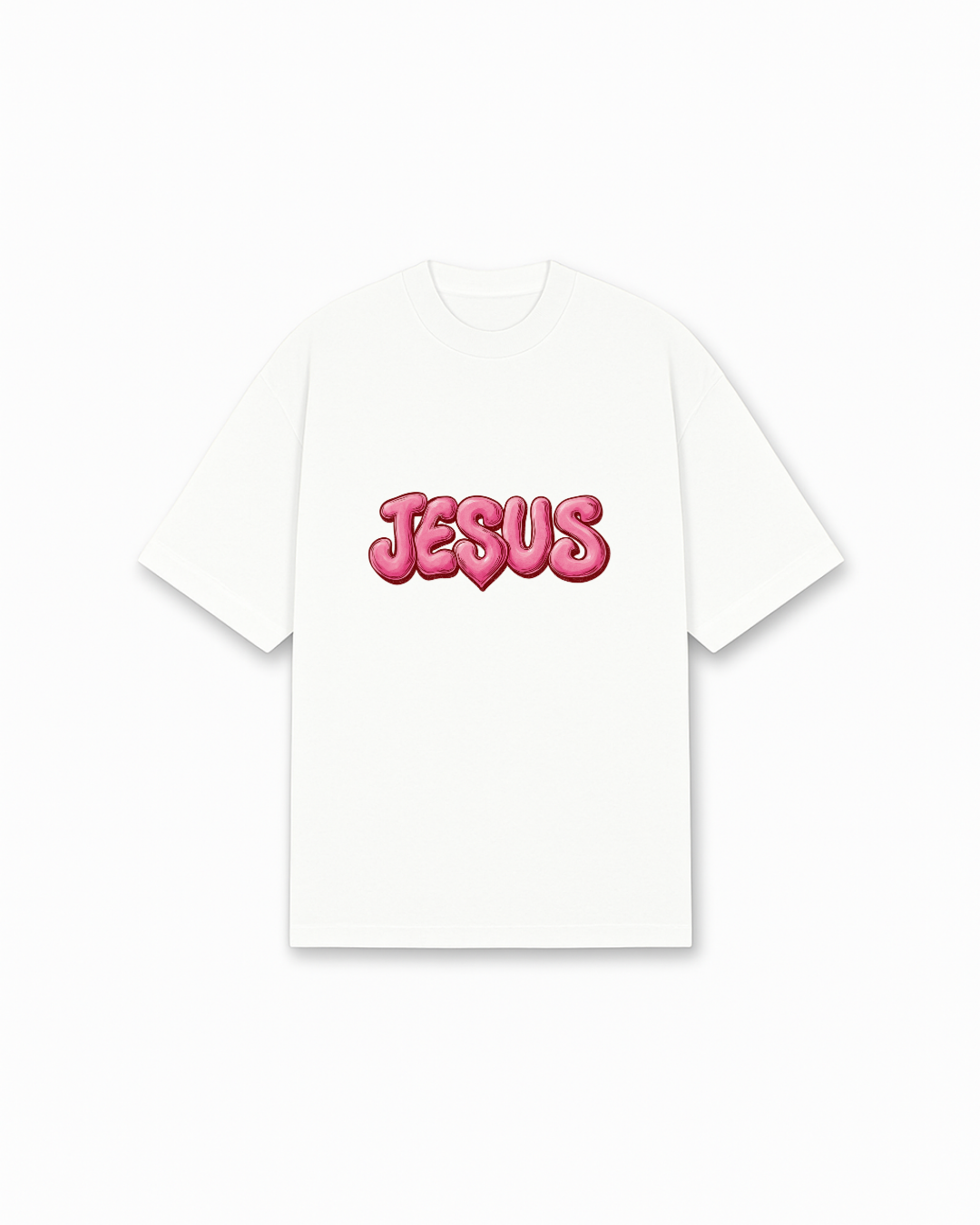 JESUS Bubble Letters Christian T-Shirt - White Christian t-shirt featuring playful pink typography, modern 3D effect - Faith-based apparel for believers