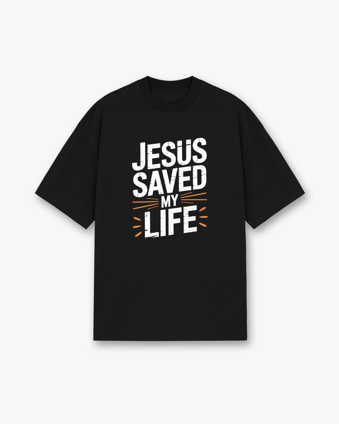 Jesus Saved My Life Christian T-Shirt - Black Christian t-shirt featuring bold white typography, orange accent lines - Faith-based apparel for believers