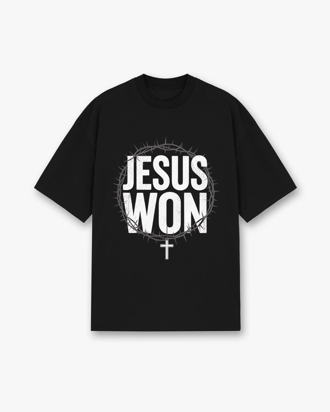 Jesus Won Christian T-Shirt - Black Christian t-shirt featuring bold white typography, crown of thorns circle - Faith-based apparel for believers