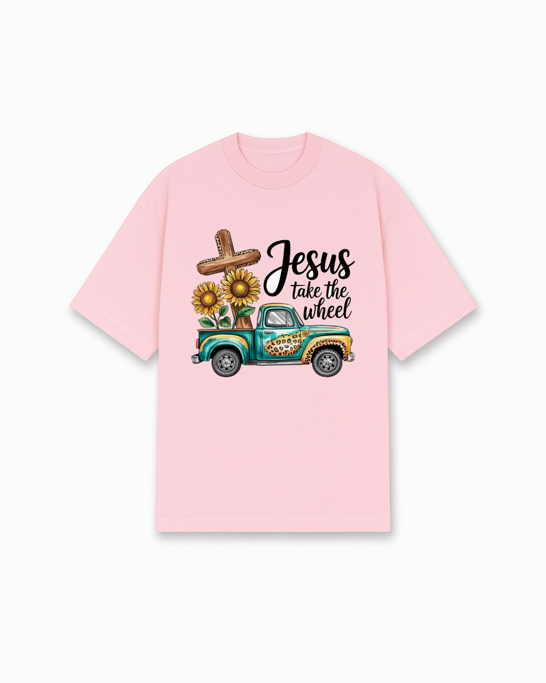Jesus Take The Wheel Christian T-Shirt - Pink Christian t-shirt featuring vintage truck illustration, sunflowers and cross - Faith-based apparel for believers