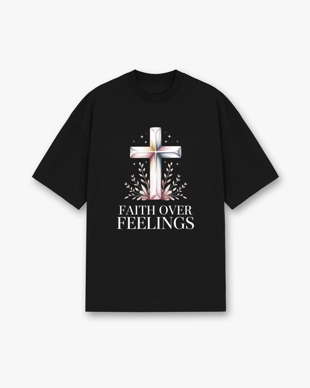 Faith Over Feelings Christian T-Shirt - Black Christian t-shirt featuring crystal cross illustration, floral elements - Faith-based apparel for believers