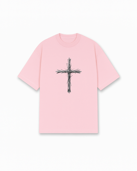 Rustic Cross Christian T-Shirt - Pink Christian t-shirt featuring rustic sketched cross, minimalist aesthetic - Faith-based apparel for believers
