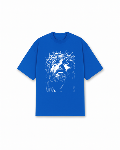 Crown of Thorns Jesus Christian T-Shirt - Blue Christian t-shirt featuring detailed Jesus portrait, white artistic print - Faith-based apparel for believers