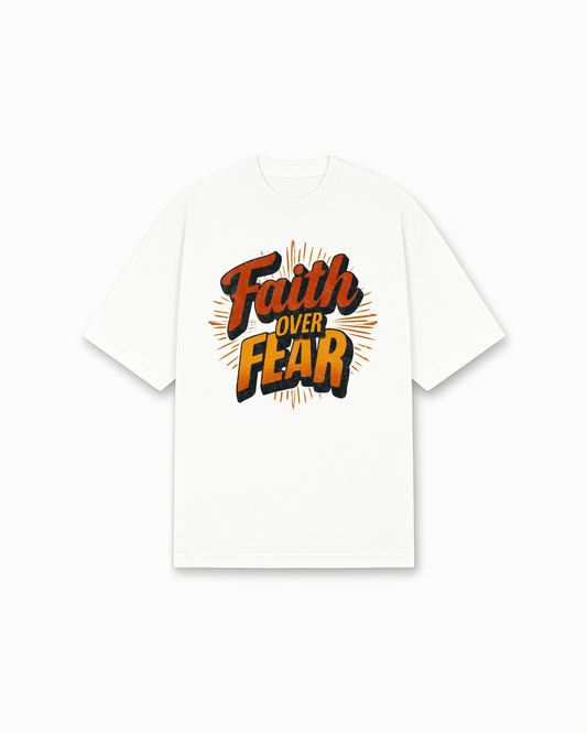 Faith Over Fear Christian T-Shirt - White Christian t-shirt featuring retro bold typography, orange and black design - Faith-based apparel for believers