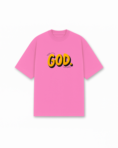 GOD Bold Statement Christian T-Shirt - Pink Christian t-shirt featuring yellow bold letters, simple powerful message - Faith-based apparel for believers
