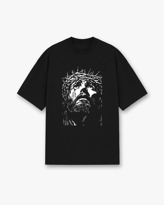 Crown of Thorns Jesus Christian T-Shirt - Black Christian t-shirt featuring detailed Jesus portrait, white artistic print - Faith-based apparel for believers