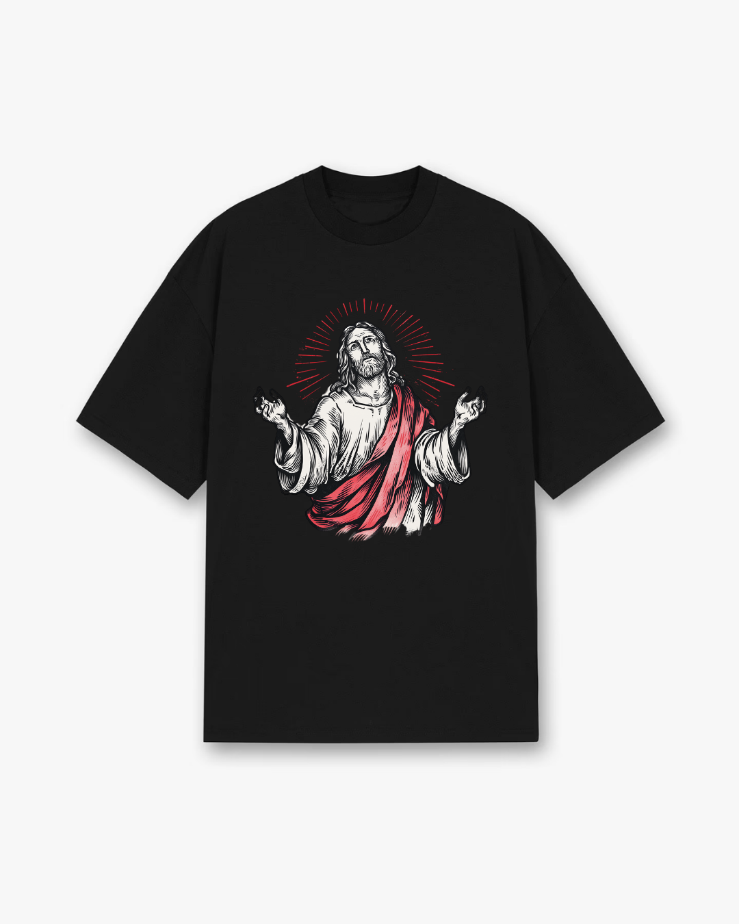 Radiant Jesus Christian T-Shirt - Black Christian t-shirt featuring radiant rays design, red accent details - Faith-based apparel for believers