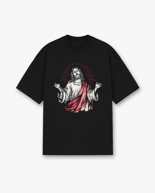 Radiant Jesus Christian T-Shirt - Black Christian t-shirt featuring radiant rays design, red accent details - Faith-based apparel for believers