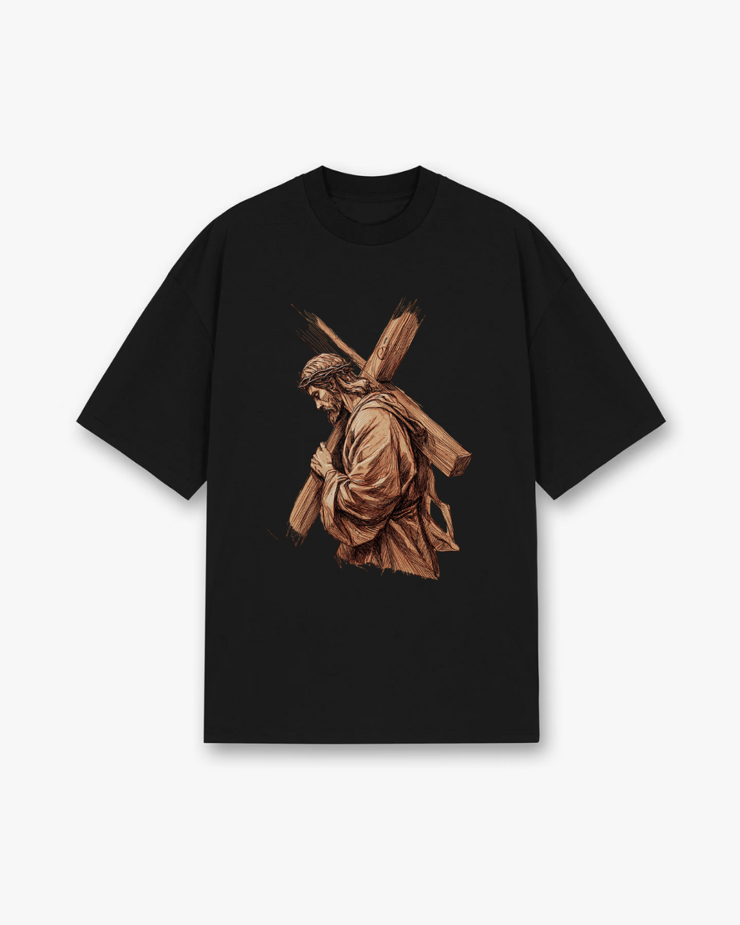 Jesus Carrying Cross Christian T-Shirt - Black Christian t-shirt featuring sacrifice theme, brown sepia tones - Faith-based apparel for believers