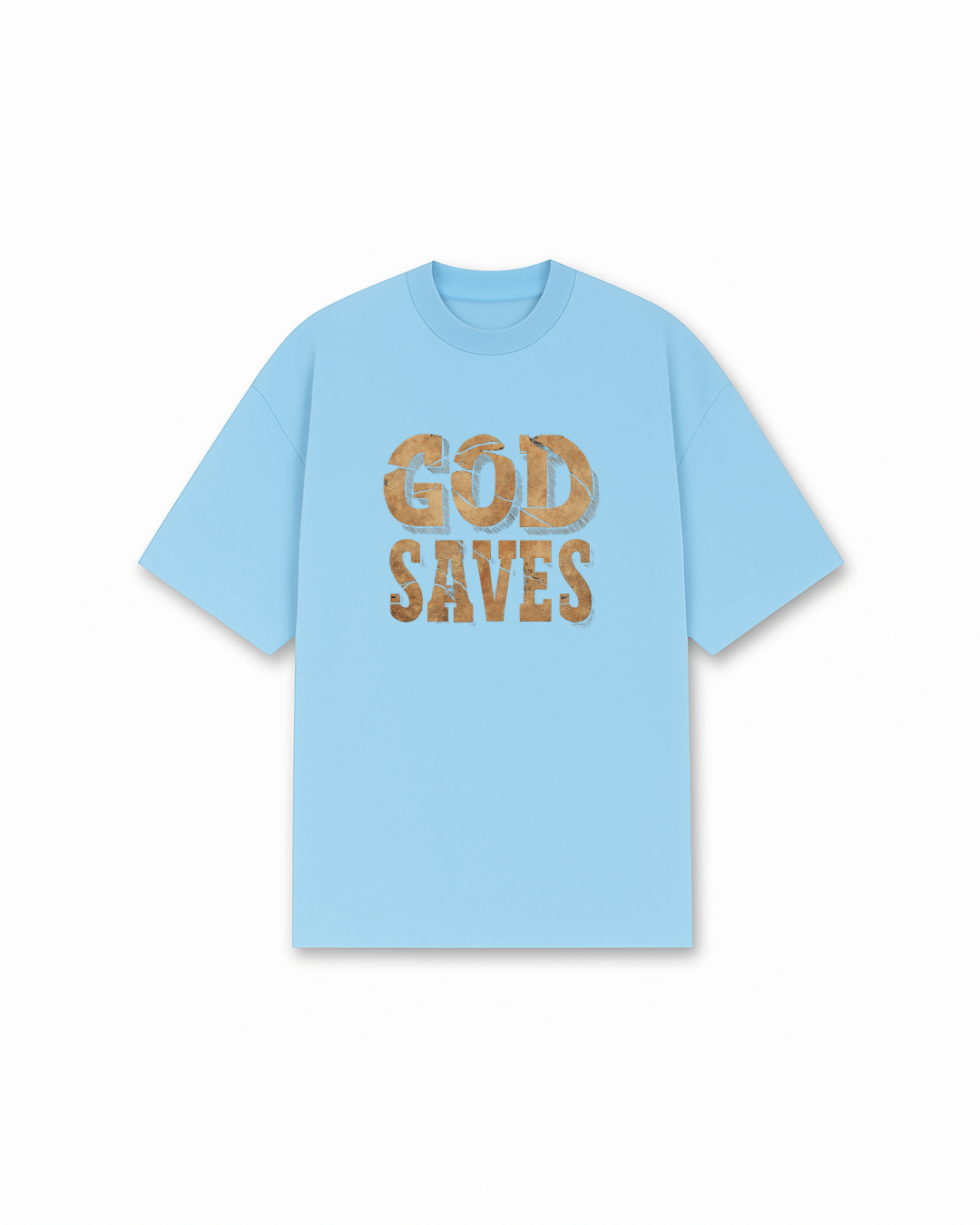 God Saves Christian T-Shirt - Light Blue Christian t-shirt featuring distressed vintage typography, orange weathered letters - Faith-based apparel for believers