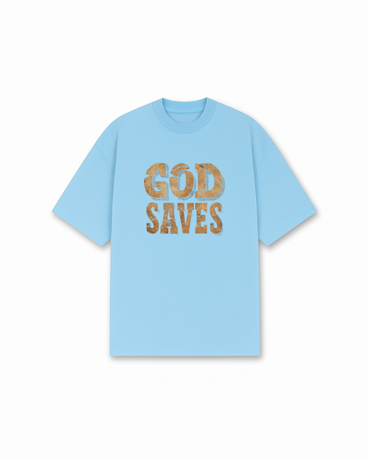 God Saves Christian T-Shirt - Light Blue Christian t-shirt featuring distressed vintage typography, orange weathered letters - Faith-based apparel for believers