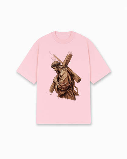 Jesus Carrying Cross Christian T-Shirt - Pink Christian t-shirt featuring sacrifice theme, brown artistic rendering - Faith-based apparel for believers