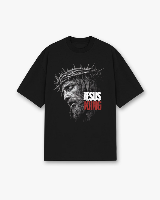 Jesus King Christian T-Shirt - Black Christian t-shirt featuring crown of thorns imagery, red and white typography - Faith-based apparel for believers