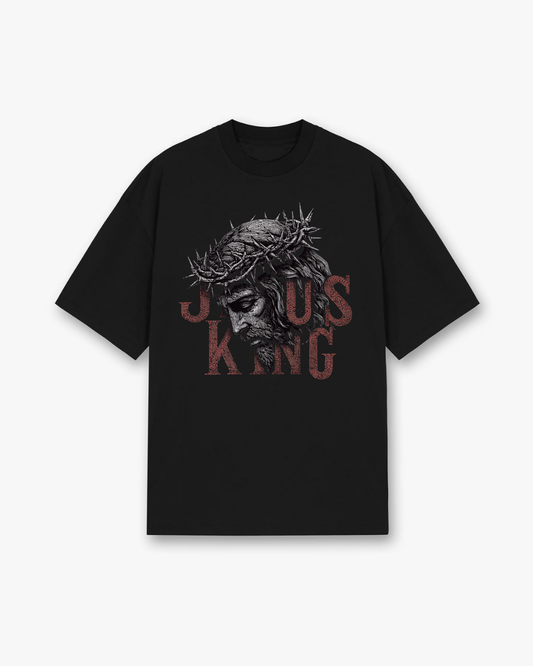 Jesus King Artistic Christian T-Shirt - Black Christian t-shirt featuring detailed crown of thorns portrait, distressed red typography - Faith-based apparel for believers
