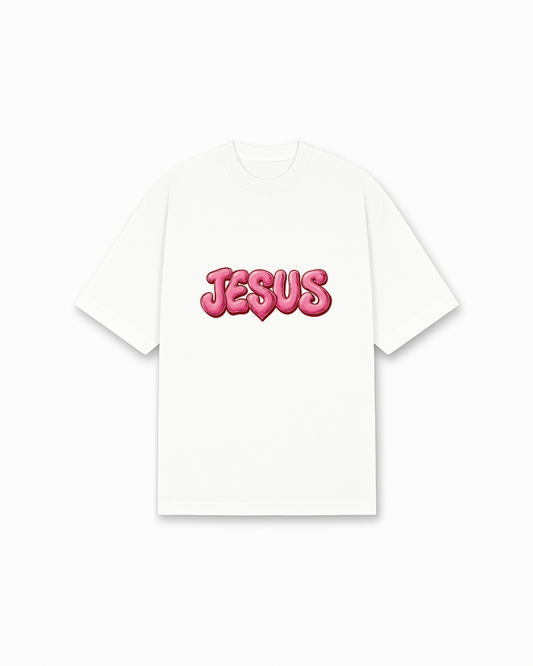 JESUS Bubble Letters Christian T-Shirt - White Christian t-shirt featuring playful pink typography, modern 3D effect - Faith-based apparel for believers
