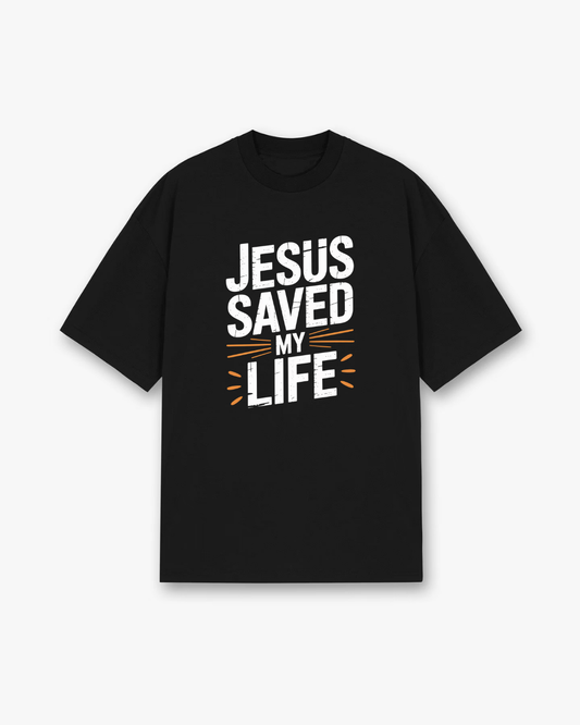Jesus Saved My Life Christian T-Shirt - Black Christian t-shirt featuring bold white typography, orange accent lines - Faith-based apparel for believers