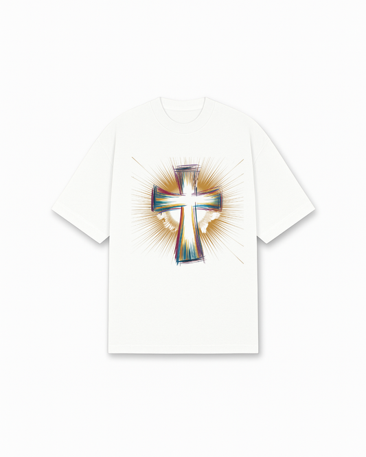 Radiant Cross Christian T-Shirt - White Christian t-shirt featuring multicolor radiant cross, golden sunburst rays - Faith-based apparel for believers
