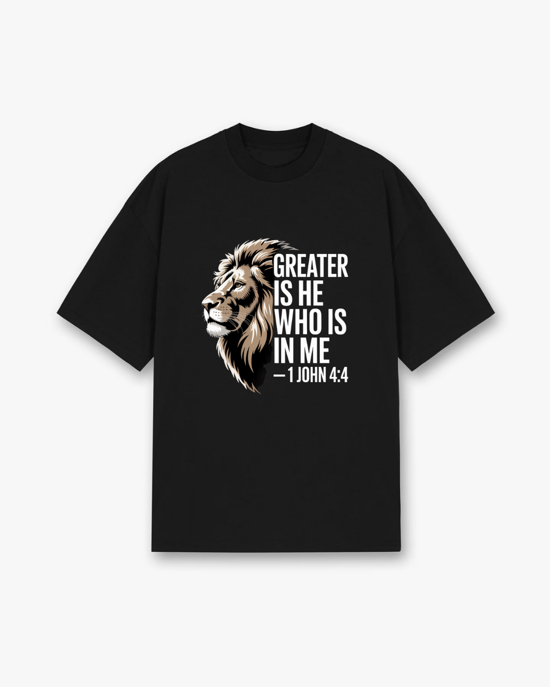 Greater Is He 1 John 4:4 Christian T-Shirt - Black Christian t-shirt featuring lion of Judah illustration, bold white typography - Faith-based apparel for believers
