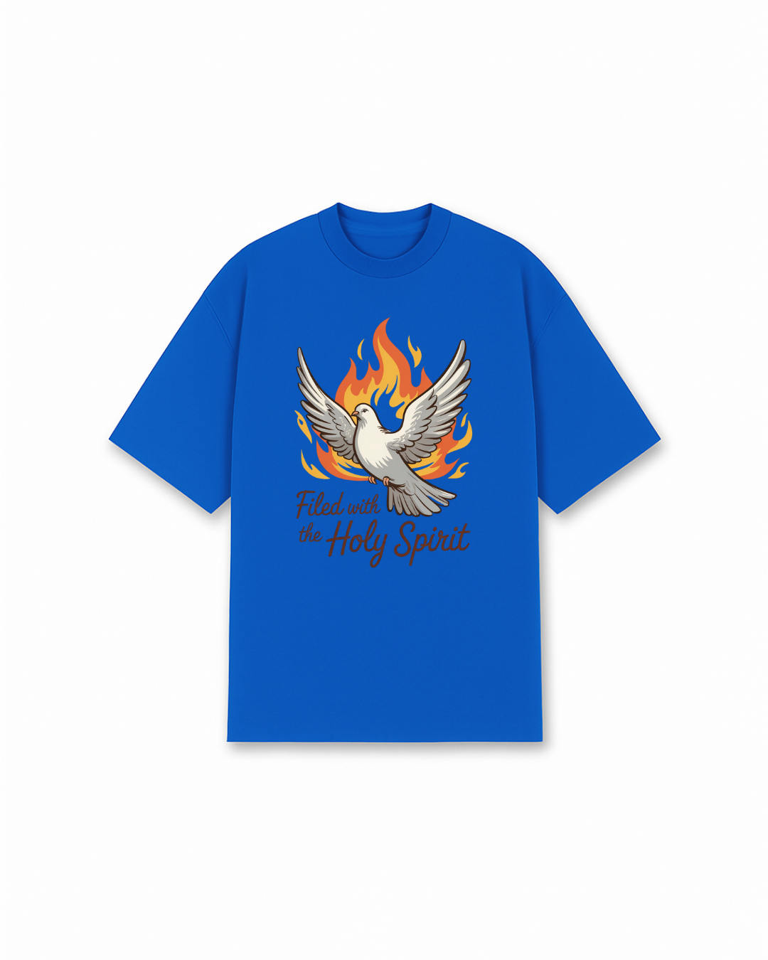 Filled With Holy Spirit Christian T-Shirt - Blue Christian t-shirt featuring dove in flames, orange fire design - Faith-based apparel for believers