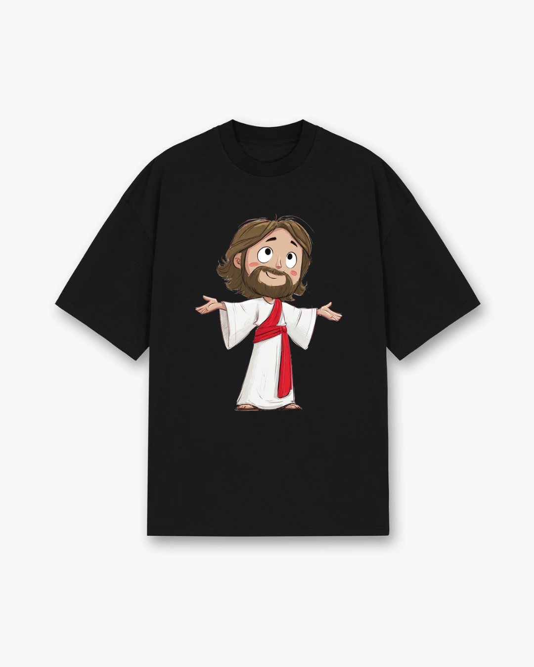 Cartoon Jesus Christian T-Shirt - Black Christian t-shirt featuring modern cartoon illustration, warm friendly design - Faith-based apparel for believers